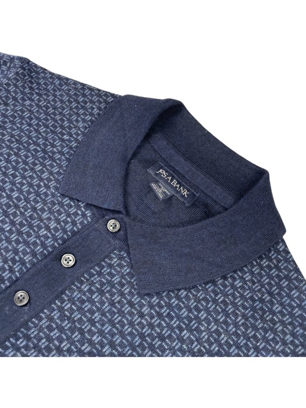 Jos A Bank Men's Wool Tailored Fit Polo Sweater Navy Blue Geometric • Large